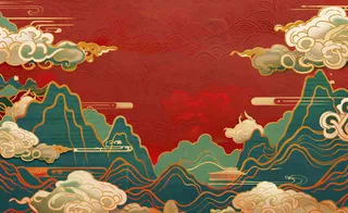 红色国潮风山川祥云喜庆元旦插画背景