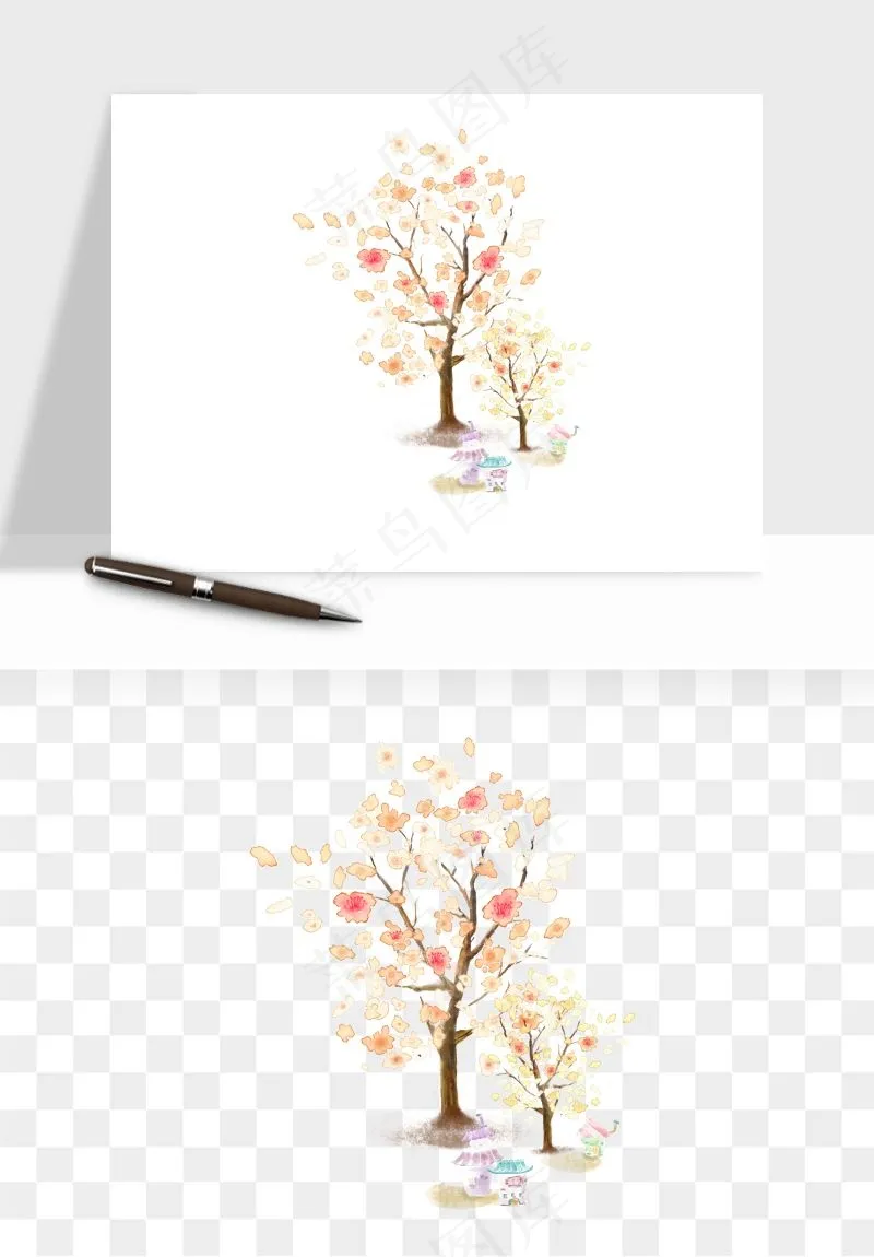 手绘浪漫花树桃花树png免抠