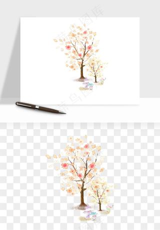 手绘浪漫花树桃花树png免抠