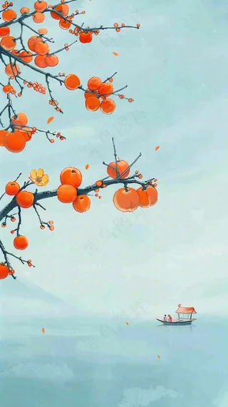 中国风山水画柿子树船只霜降插画背景