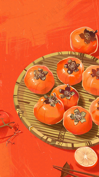 成熟的柿子水果红色背景插画霜降背景