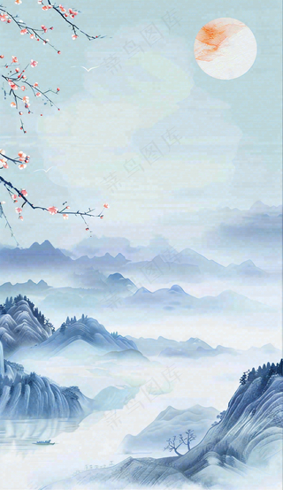 中国风山水秋冬柿子树霜降插画背景