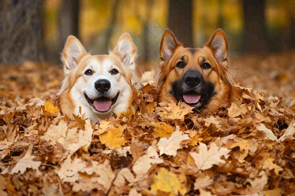 秋天公园黄落叶小狗宠物摄影图