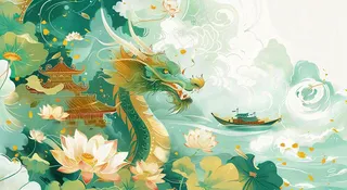 中国龙龙舟绿色创意插画端午节背景