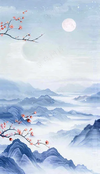 中国风山水秋冬柿子树霜降插画背景