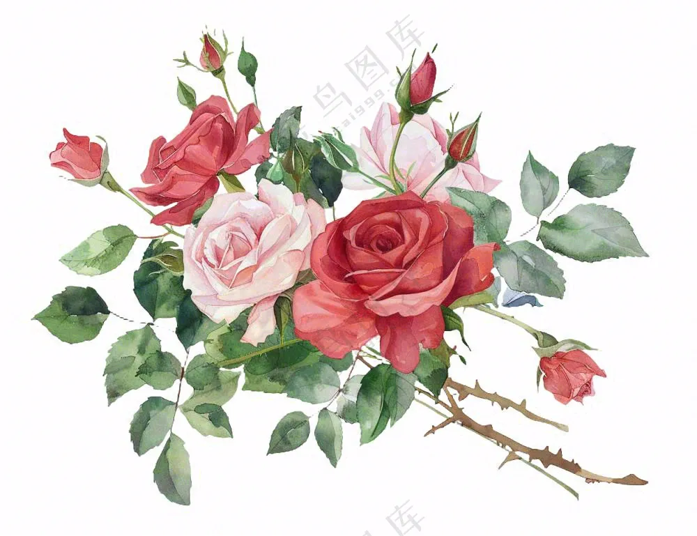 玫瑰花鲜花水彩画免抠