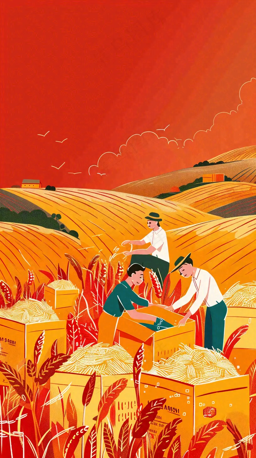红色插画土地收成粮食农民辛勤劳作劳动节卡通插画背景