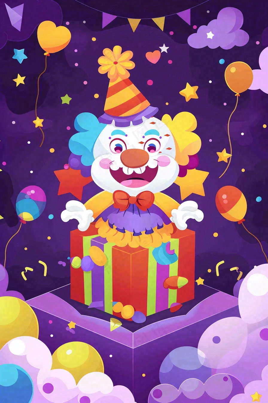 马戏团小丑表演开心紫色卡通搞怪愚人节插画背景