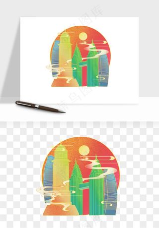 国潮城市地标山水建筑png免抠