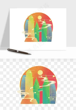 国潮城市地标山水建筑png免抠