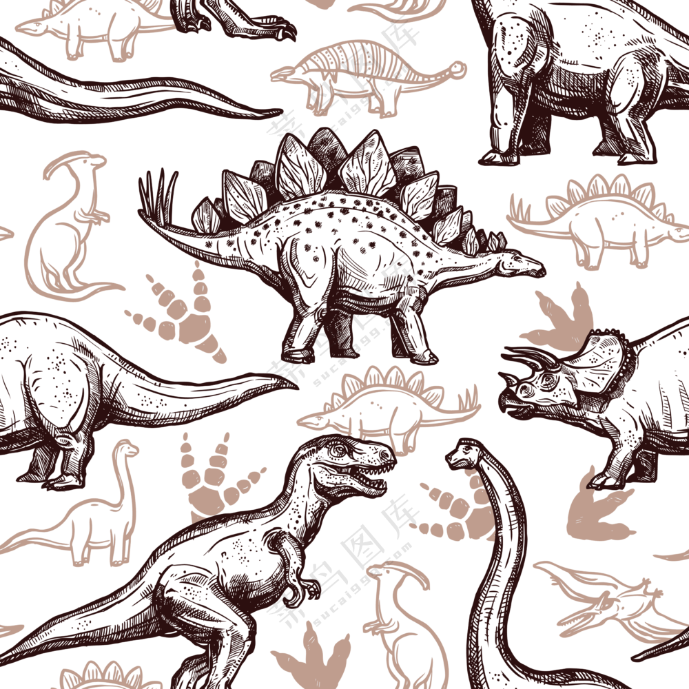 手绘线描效果恐龙图案免抠图片素材