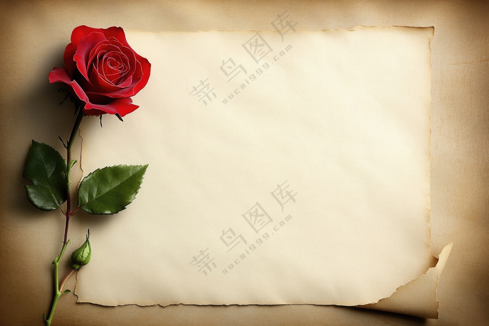 红色玫瑰花枝复古羊皮纸