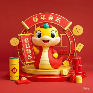 春节可爱的卡通蛇 有春联和福字 鞭炮 红包元素 AI生成中国风