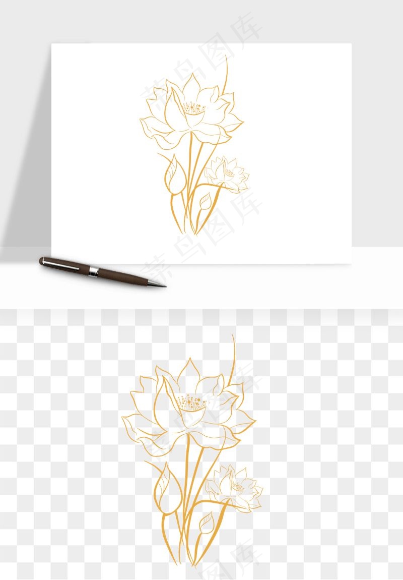 线描荷花莲花线条png免抠