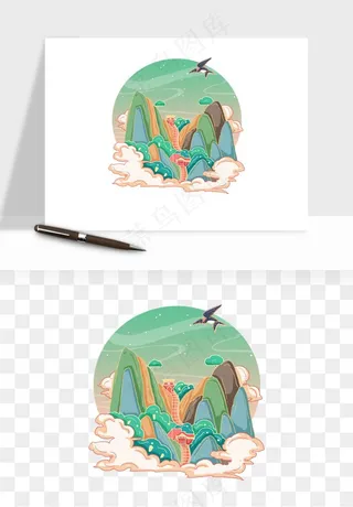 国潮城市地标山水建筑png免抠