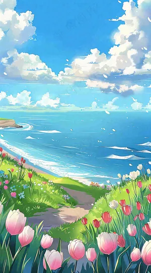 春天海边晴天蓝天白云郁金香春分插画背景