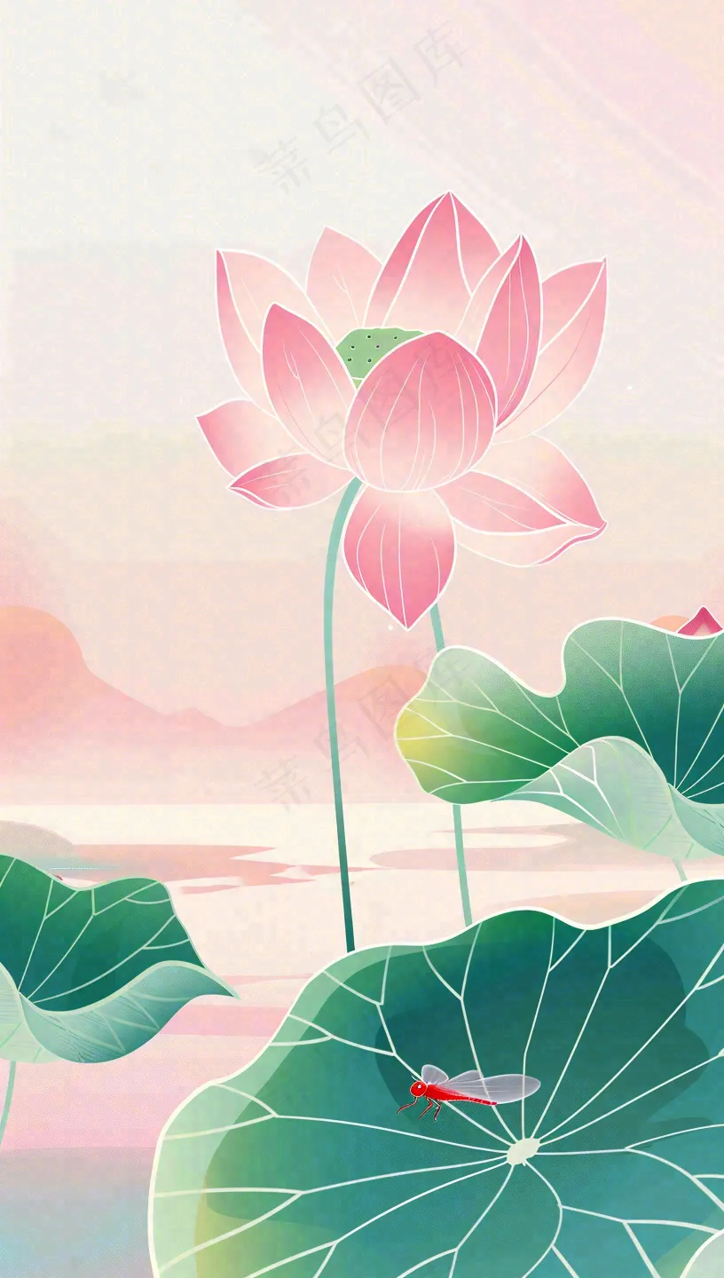 夏天荷花荷叶清凉小清新淡雅立夏夏至暑插画背景