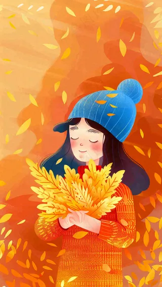 秋天女孩抱着落叶唯美卡通插画秋分立秋背景