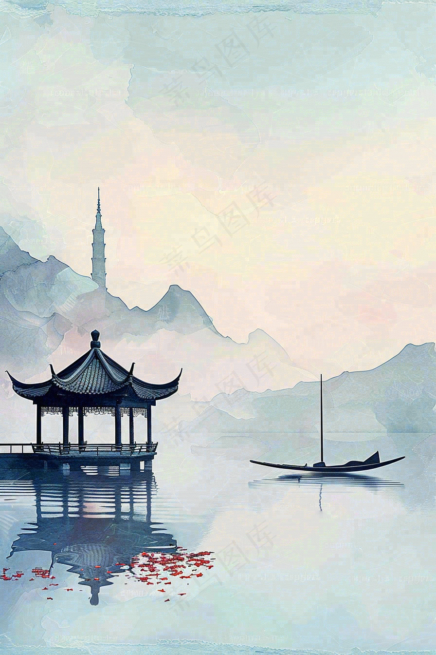 中国风山水凉亭霜降插画背景