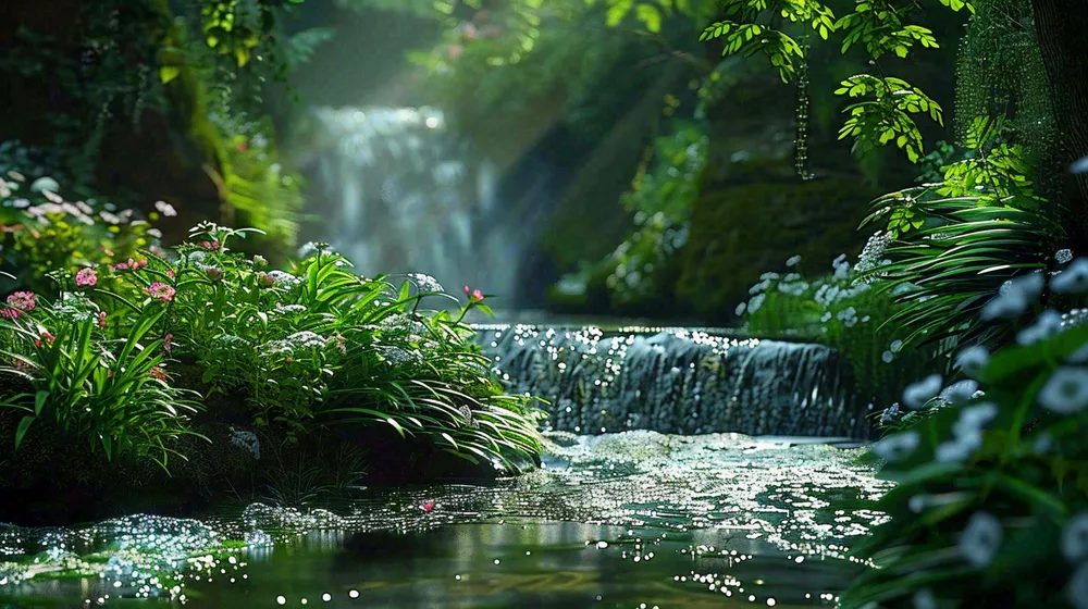 山涧溪流夏日清凉解暑苔藓植物小花立夏夏至摄影图