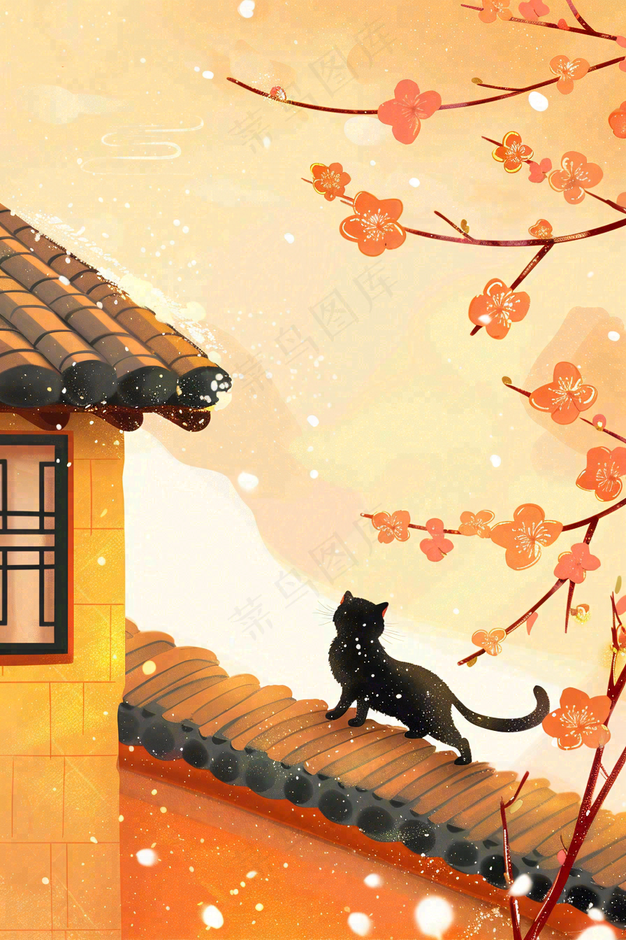 屋檐上的猫咪屋墙萧瑟霜降插画背景