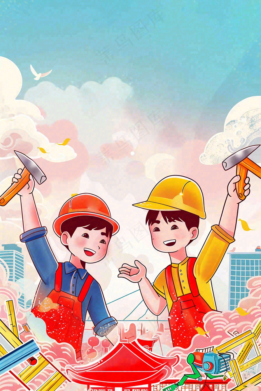 卡通插画工地辛勤劳动工人劳动节插画背景