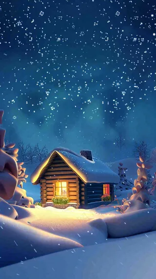 冬季夜晚蓝色星空下的小木屋灯火平安夜插画背景