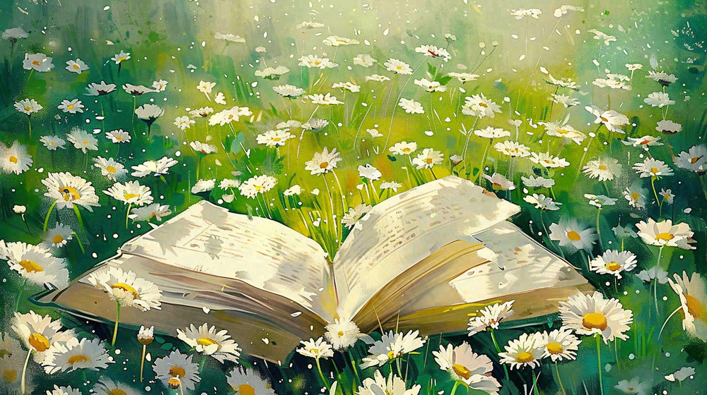 春天草丛花丛里的书本阅读插画世界读书日背景