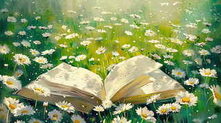 春天草丛花丛里的书本阅读插画世界读书日背景