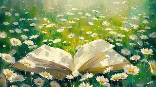 春天草丛花丛里的书本阅读插画世界读书日背景