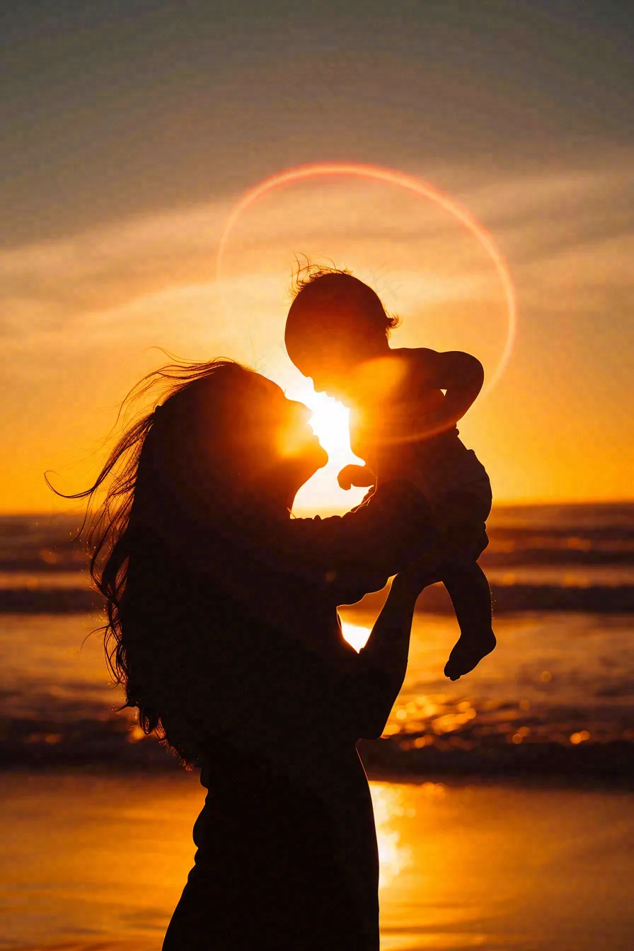 母亲节晚霞妈妈抱孩子温馨摄影图