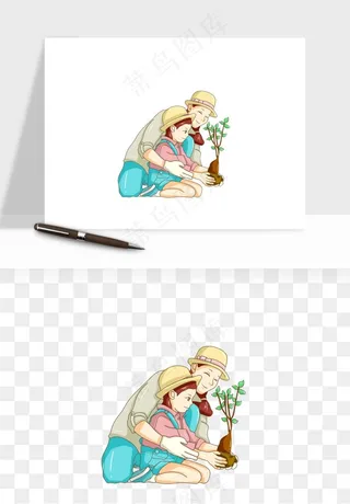 手绘植树节挖土人物png免抠