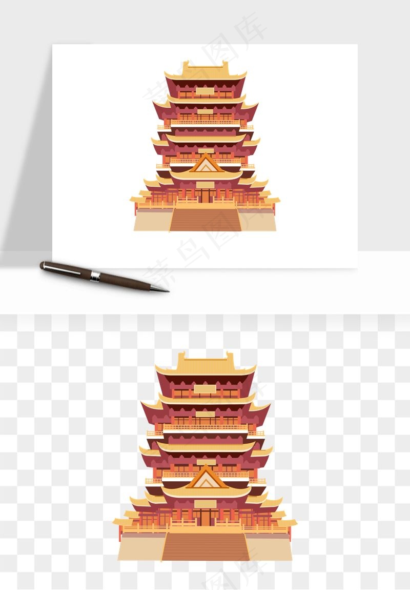 国潮风古建筑古楼古塔鼓楼psd,png免抠图
