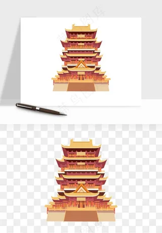国潮风古建筑古楼古塔鼓楼psd,png免抠图
