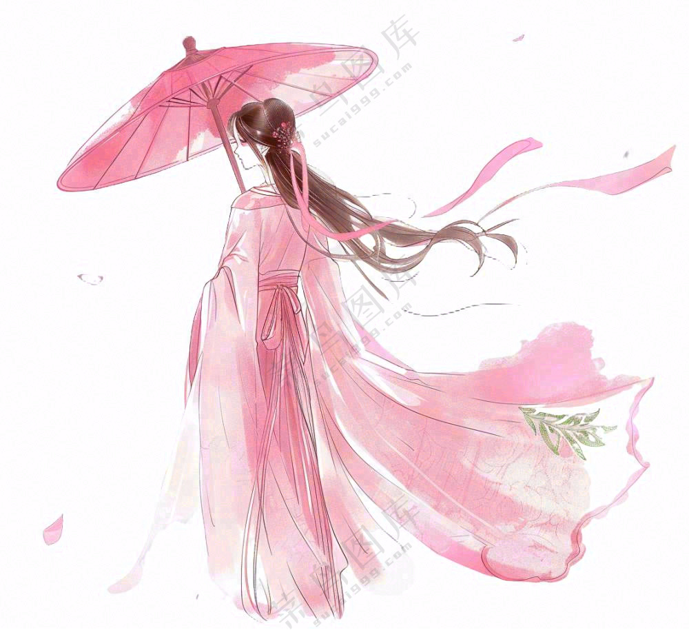 穿着粉色裙子的古风少女打伞纸伞人物插画免抠