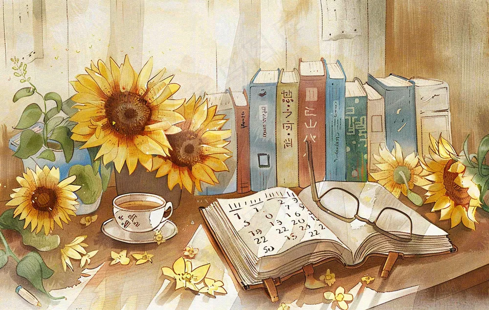 教师节办公桌向日葵备课老师水彩插画背景