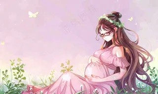 草丛鲜花里的孕妈妈唯美场景母爱母亲节粉色插画背景