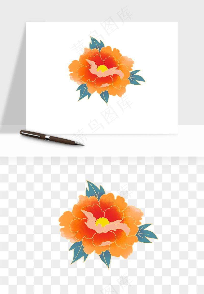 手绘国潮牡丹花花卉图案png免抠