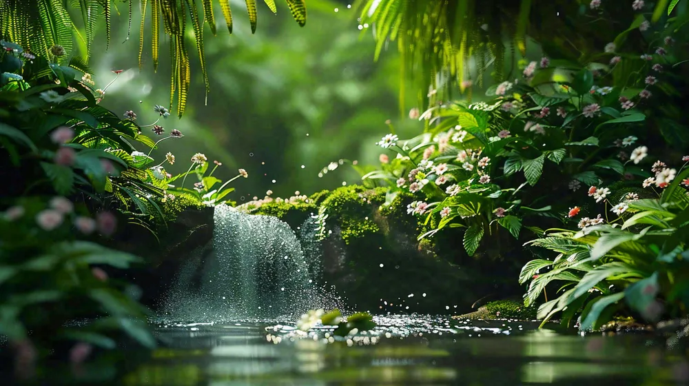 山涧溪流夏日清凉解暑苔藓植物小花立夏夏至摄影图
