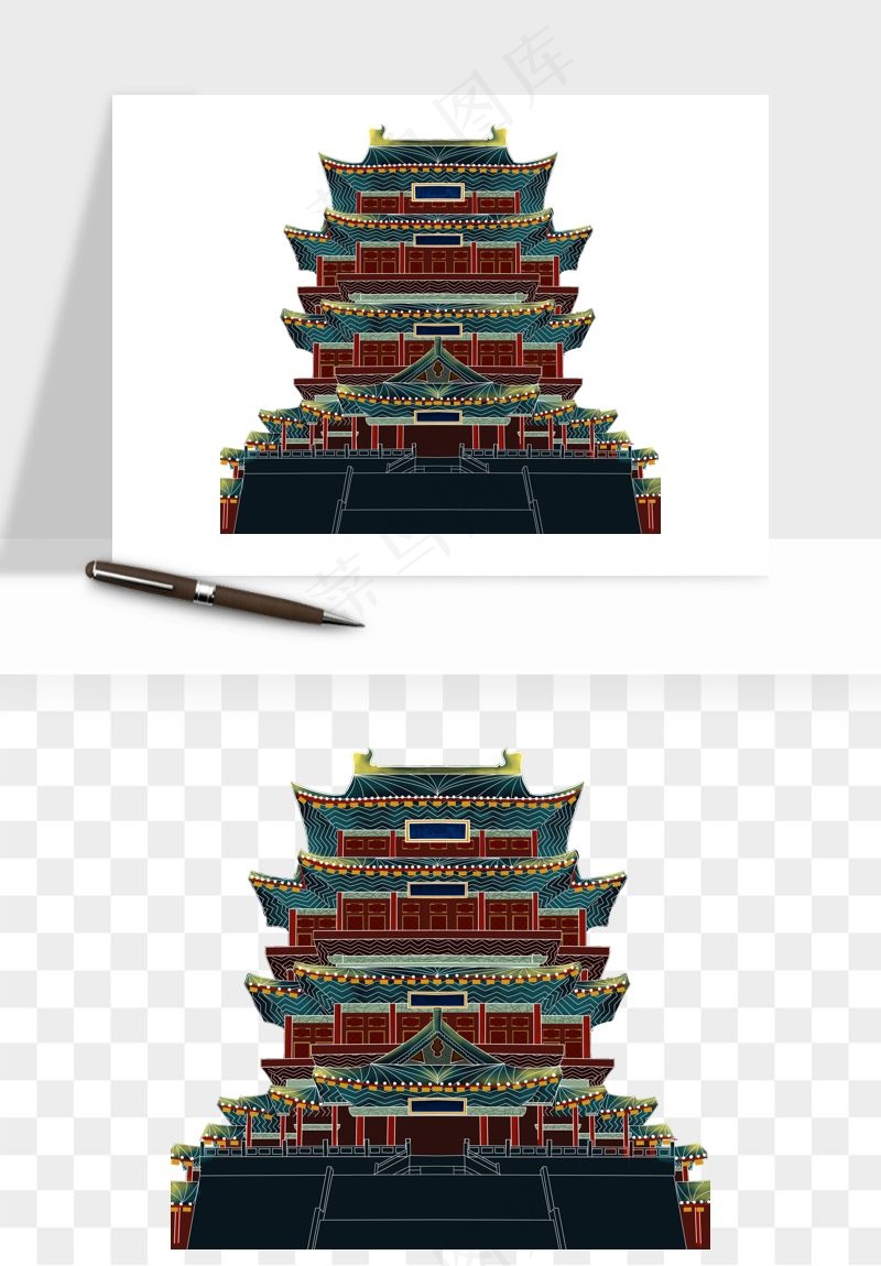 国潮风古建筑古楼古塔鼓楼psd,png免抠图(2000x2000)psd模版下载