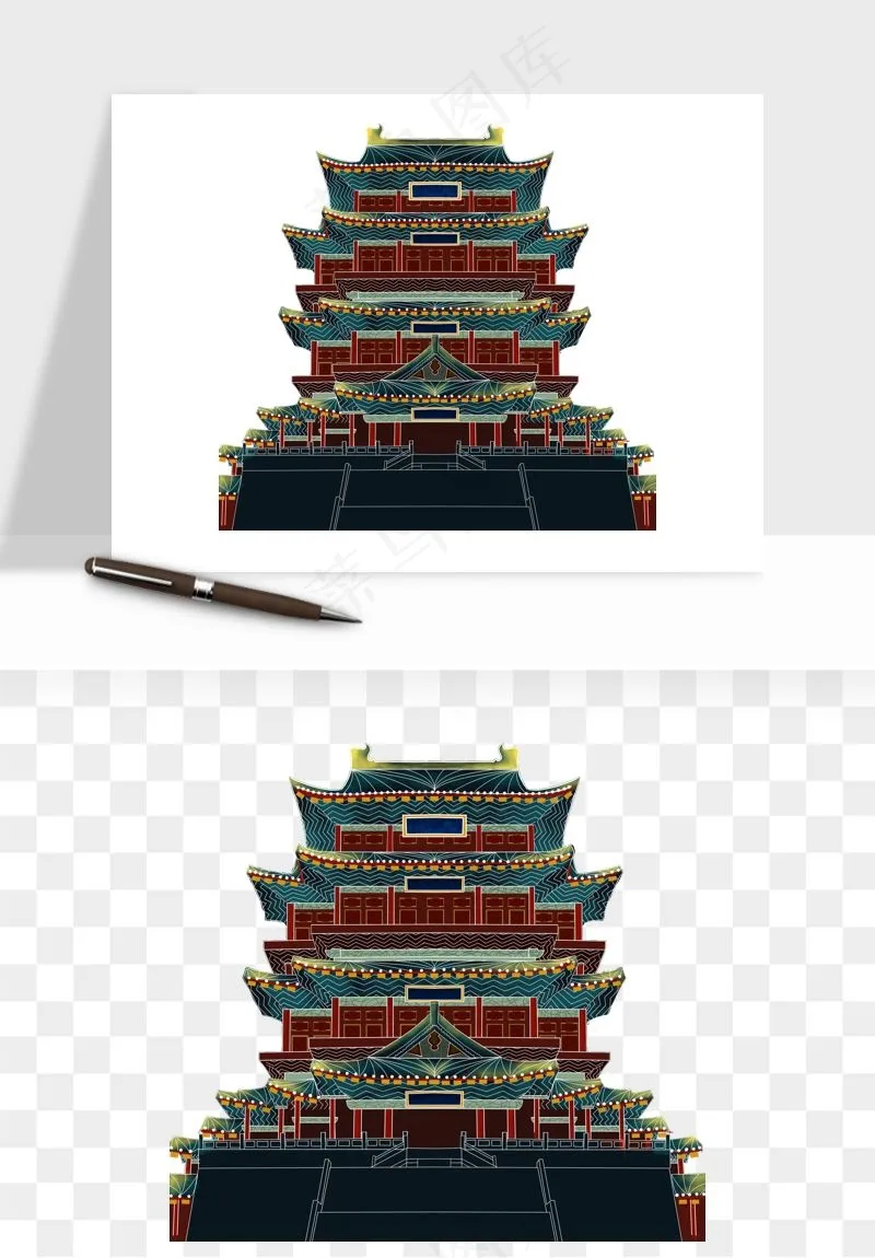 国潮风古建筑古楼古塔鼓楼psd,png免抠图(2000x2000)psd模版下载