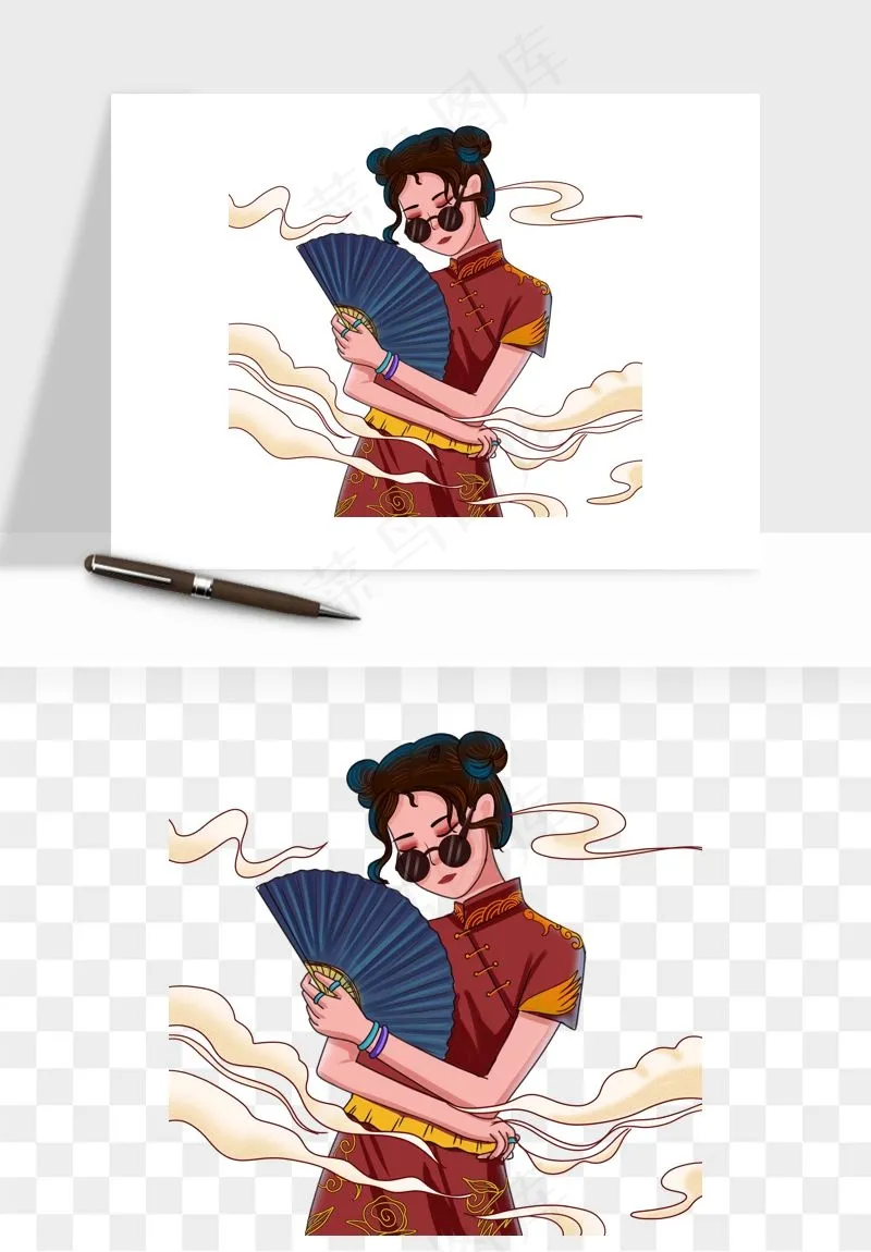 手绘国潮女性人物插画png免抠