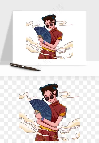 手绘国潮女性人物插画png免抠
