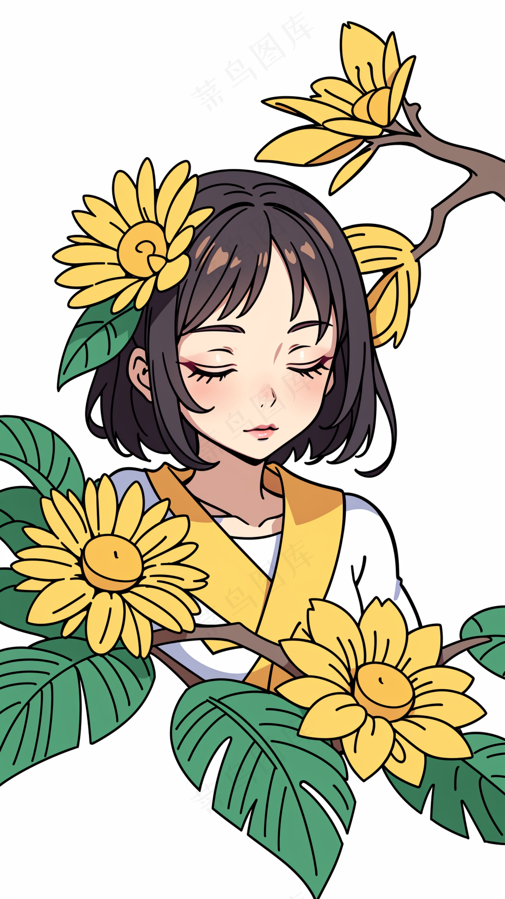 黄色系女孩和菊花 白色背景 儿童简笔画