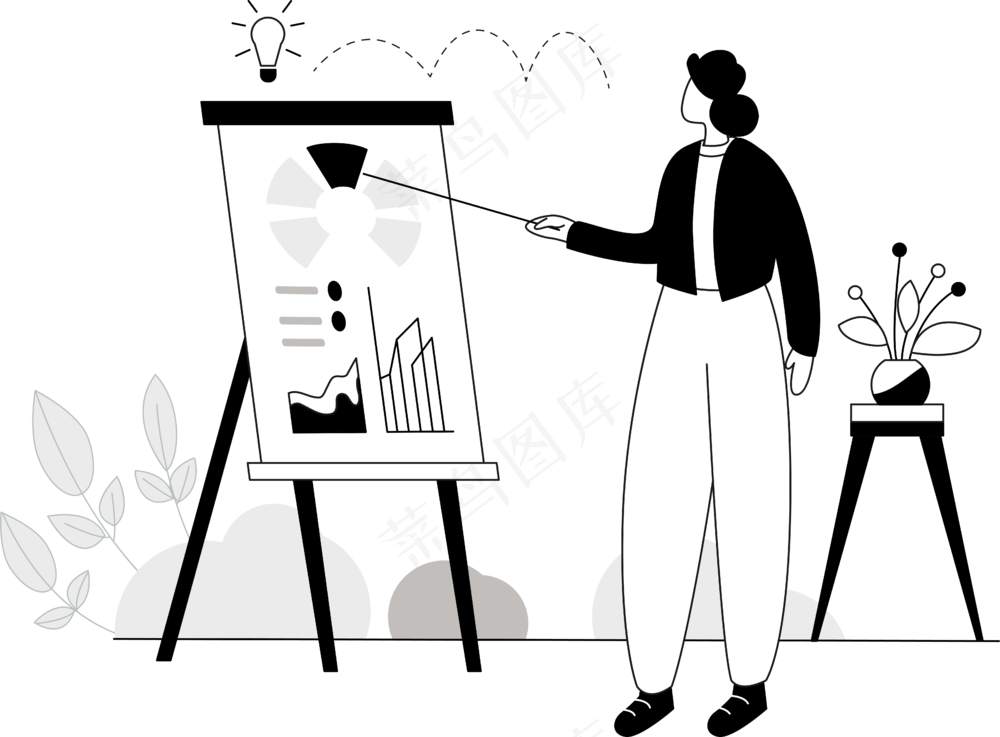 女生对照白板培训教学 单色扁平商务插画