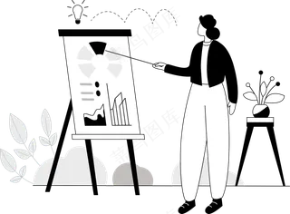 女生对照白板培训教学 单色扁平商务插画