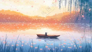 秋天湖面泛舟的人落叶芦苇寒露白露插画背景