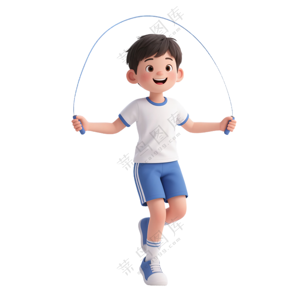 蓝+白色纯净3D风格跳绳的男孩免抠PNG素材