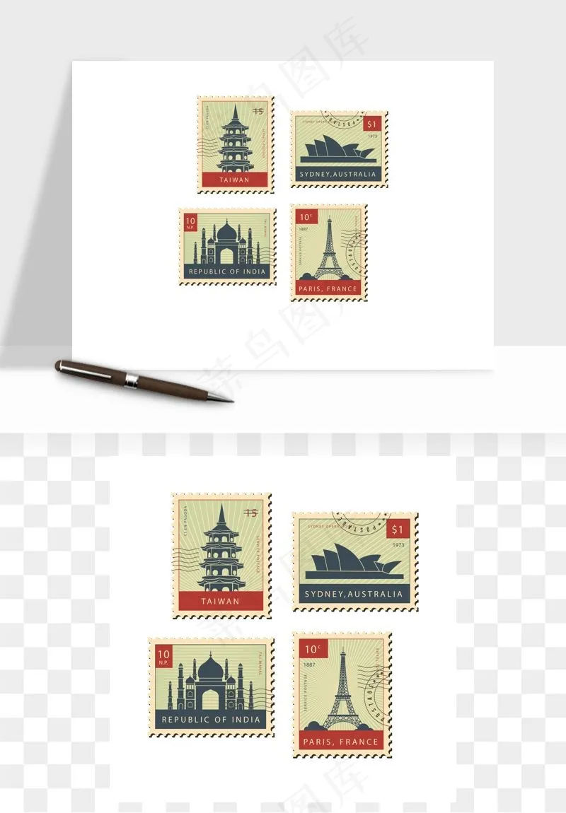 邮票复古手绘矢量