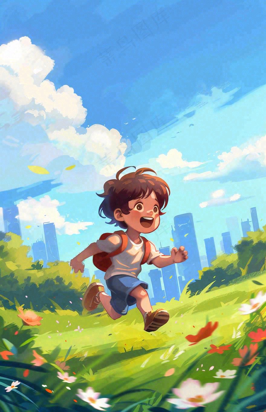 遨游大自然草坪的孩子快乐儿童节卡通插画背景